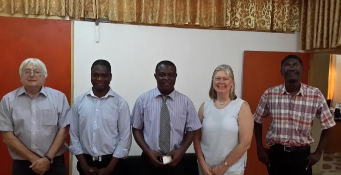 With the Head of Department Dr. Godfred Darko. From left: Prof Catlow, Dr. Richard Tia, Dr. Darko, Prof de Leeuw and Dr. Evans Adei Head of the Molecular Modeling Centre.