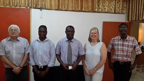 With the Head of Department Dr. Godfred Darko. From left: Prof Catlow, Dr. Richard Tia, Dr. Darko, Prof de Leeuw and Dr. Evans Adei Head of the Molecular Modeling Centre.